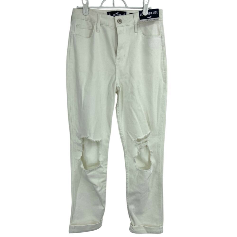 NWT Hollister ULTRA HIGH-RISE WHITE MOM JEANS 5R Distressed - Picture 1 of 5